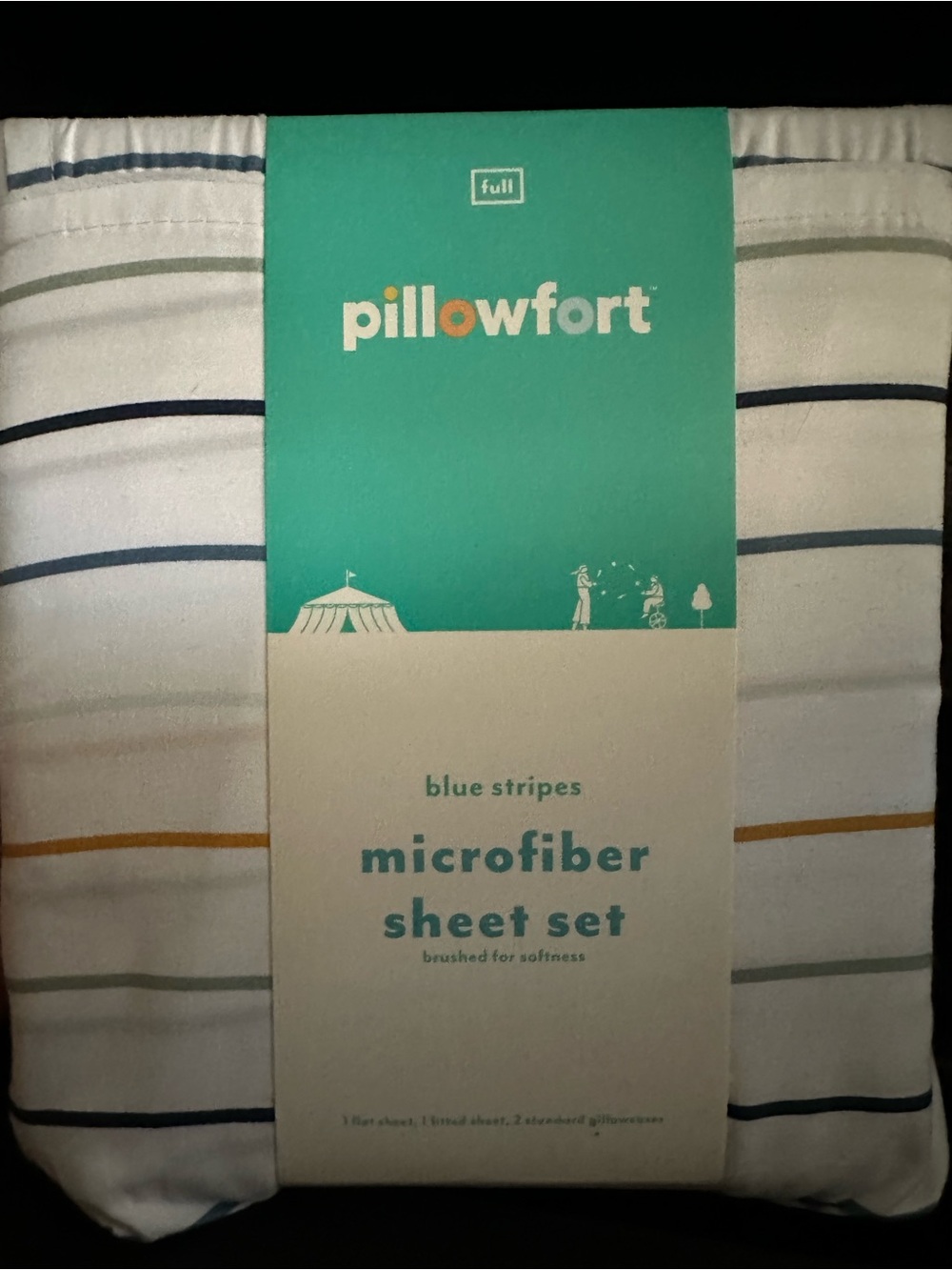 Pillowfort White Sheet Set with Blue and Gold Stripes